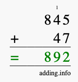 Calculate 845 + 47 using long addition