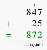 Calculate 847 + 25 using long addition