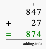 Calculate 847 + 27 using long addition