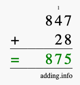 Calculate 847 + 28 using long addition