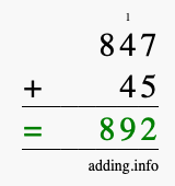 Calculate 847 + 45 using long addition