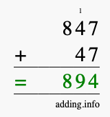 Calculate 847 + 47 using long addition