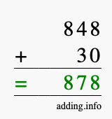Calculate 848 + 30 using long addition