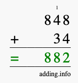 Calculate 848 + 34 using long addition