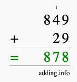 Calculate 849 + 29 using long addition