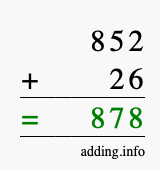 Calculate 852 + 26 using long addition