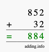 Calculate 852 + 32 using long addition
