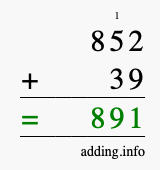 Calculate 852 + 39 using long addition