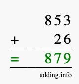 Calculate 853 + 26 using long addition
