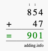 Calculate 854 + 47 using long addition