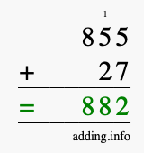 Calculate 855 + 27 using long addition