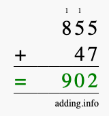 Calculate 855 + 47 using long addition