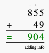 Calculate 855 + 49 using long addition