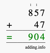 Calculate 857 + 47 using long addition