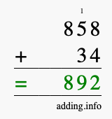 Calculate 858 + 34 using long addition