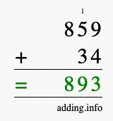 Calculate 859 + 34 using long addition