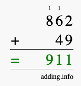 Calculate 862 + 49 using long addition