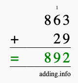 Calculate 863 + 29 using long addition