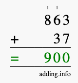 Calculate 863 + 37 using long addition