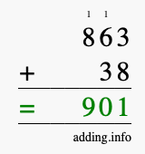 Calculate 863 + 38 using long addition