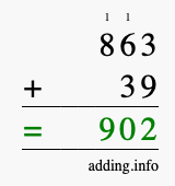 Calculate 863 + 39 using long addition
