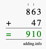 Calculate 863 + 47 using long addition