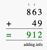 Calculate 863 + 49 using long addition