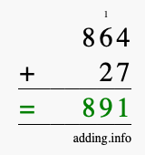 Calculate 864 + 27 using long addition