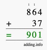 Calculate 864 + 37 using long addition