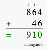 Calculate 864 + 46 using long addition