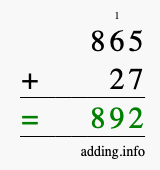 Calculate 865 + 27 using long addition