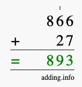 Calculate 866 + 27 using long addition