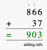 Calculate 866 + 37 using long addition