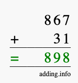 Calculate 867 + 31 using long addition