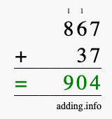 Calculate 867 + 37 using long addition
