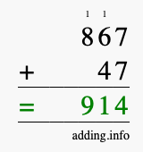 Calculate 867 + 47 using long addition