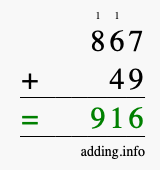Calculate 867 + 49 using long addition