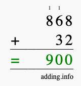 Calculate 868 + 32 using long addition