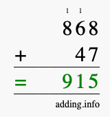 Calculate 868 + 47 using long addition
