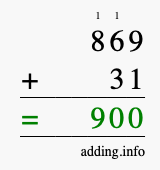 Calculate 869 + 31 using long addition