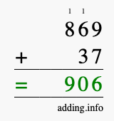Calculate 869 + 37 using long addition
