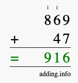 Calculate 869 + 47 using long addition