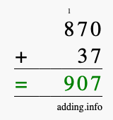 Calculate 870 + 37 using long addition