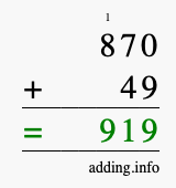 Calculate 870 + 49 using long addition