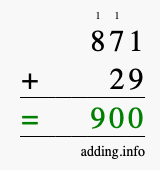 Calculate 871 + 29 using long addition