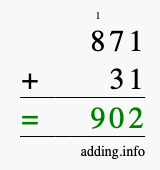 Calculate 871 + 31 using long addition