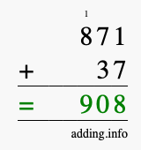 Calculate 871 + 37 using long addition