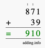 Calculate 871 + 39 using long addition