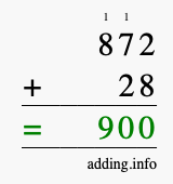 Calculate 872 + 28 using long addition