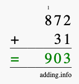 Calculate 872 + 31 using long addition
